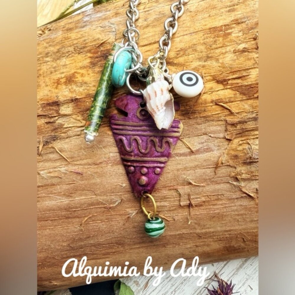 Multi charms sardine fish purple pendant  silver necklace